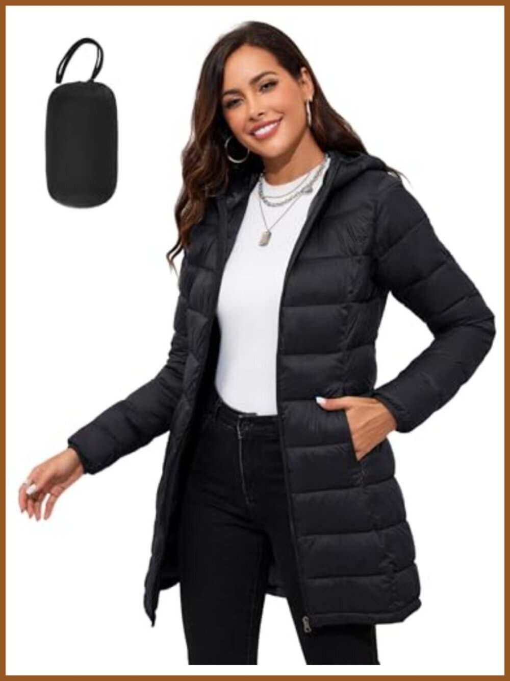 Packable Hooded Puffer Jacket Mid-Length Travel Coat